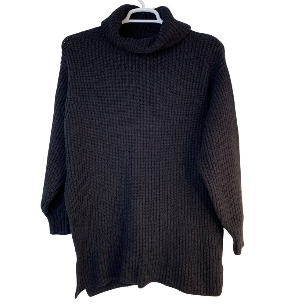 Free People Slouchy Black Rib Mock Neck Sweater Tunic Side Slit Bulky - Picture 3 of 7